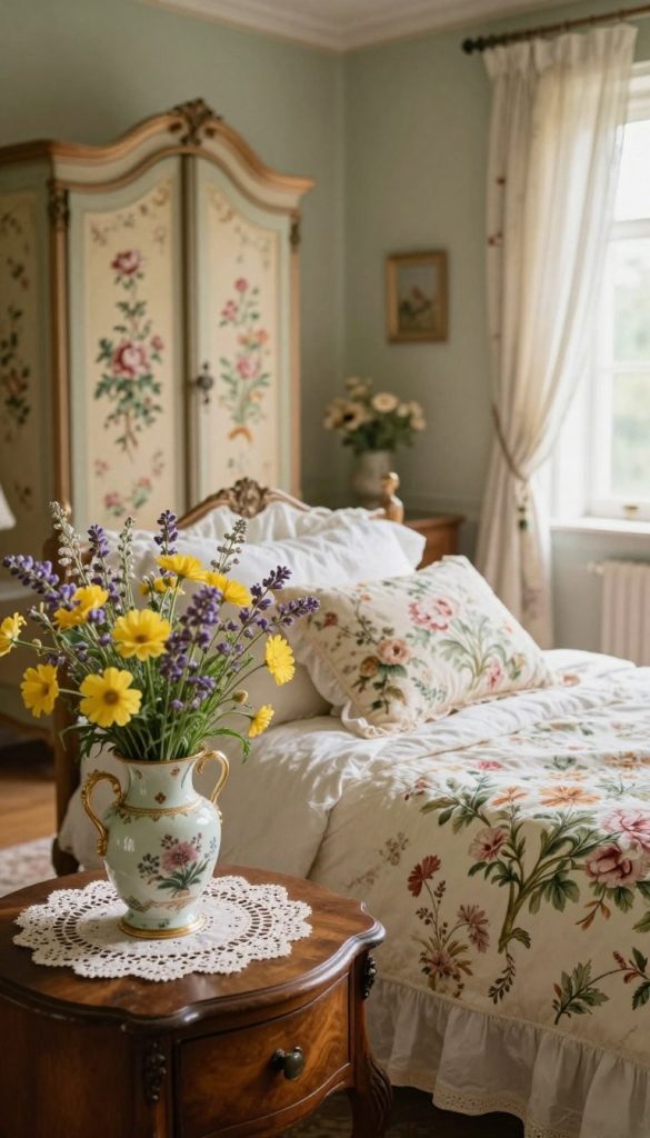 A serene French country bedroom, featuring antique floral decor with a pastel color palette. In the foreground, a vintage wooden bedside table adorned with a delicate lace doily and an ornate porcelain vase filled with blooming yellow and lavender wildflowers. The middle ground showcases a beautifully made bed with a quilted floral comforter and plush pillows showcasing intricate botanical patterns. A stunning antique armoire with hand-painted floral motifs stands against the wall. In the background, soft, diffused light streams through sheer curtains, casting a warm glow throughout the room. The atmosphere feels inviting and romantic, evoking a sense of tranquility and charm typical of French country style. The image captures the essence of vintage elegance and sophisticated decor.