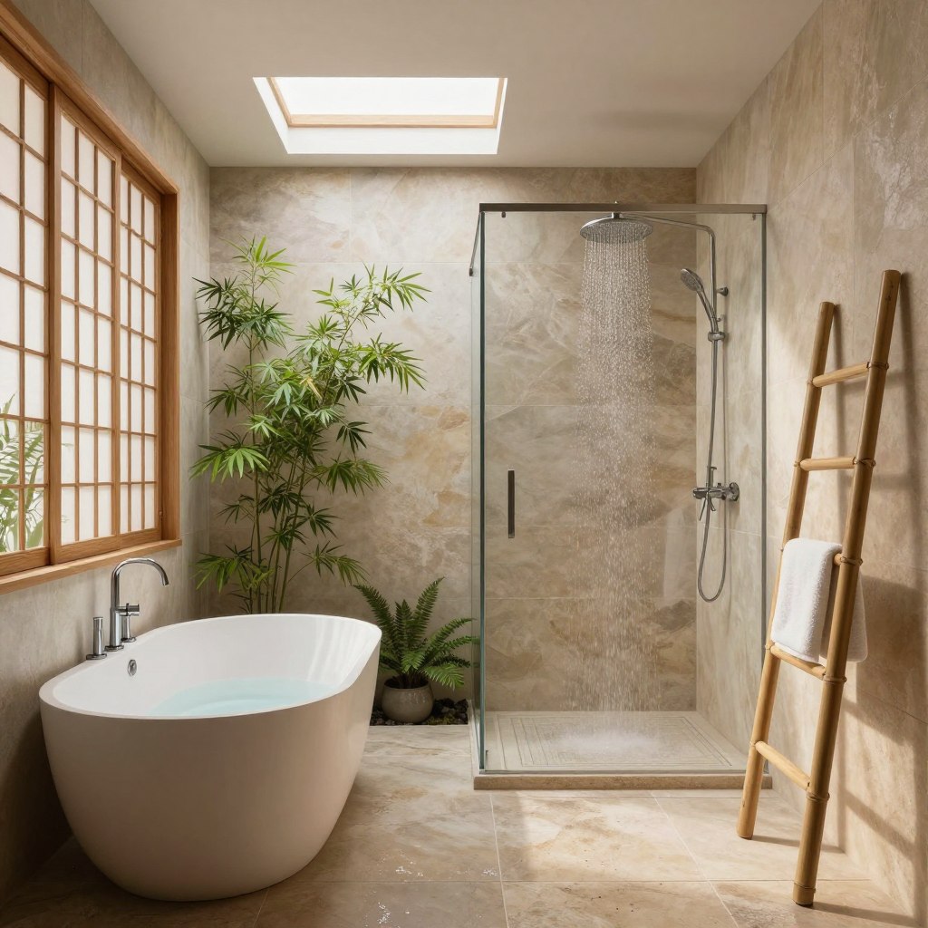 A serene Japanese-inspired wet room design, featuring smooth, natural stone tiles and warm wooden accents. In the foreground, a minimalist, freestanding soaking tub sits next to a sleek bamboo ladder adorned with fluffy towels. The middle section showcases a spacious, glass-enclosed rain shower with soft, cascading water and an overhead skylight that allows natural light to fill the space. In the background, delicate Japanese shoji screens create a peaceful ambiance, while integrated plants like bamboo and ferns enhance the sense of tranquility. The lighting is soft and diffused, creating a calming atmosphere conducive to relaxation. Capture the scene from a slightly elevated angle, emphasizing the harmonious blend of nature and modern design elements.