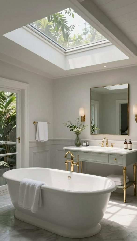 A serene and elegant bathroom featuring a classic skylight design that floods the space with natural light, creating a spa-like ambiance. The foreground showcases a luxurious freestanding bathtub with soft, fluffy towels nearby, while the middle area includes a stylish vanity with polished brass fixtures and a large mirror reflecting the light. In the background, the skylight spans the ceiling, framed by decorative wooden beams, with lush greenery partially visible outside, adding to the tranquil atmosphere. Soft, diffused lighting creates inviting shadows, enhancing the calming effect. The color palette consists of muted whites, soft grays, and gentle greens, evoking a sense of peace and relaxation. The image captures a harmonious blend of natural and interior elements, embodying timeless elegance.