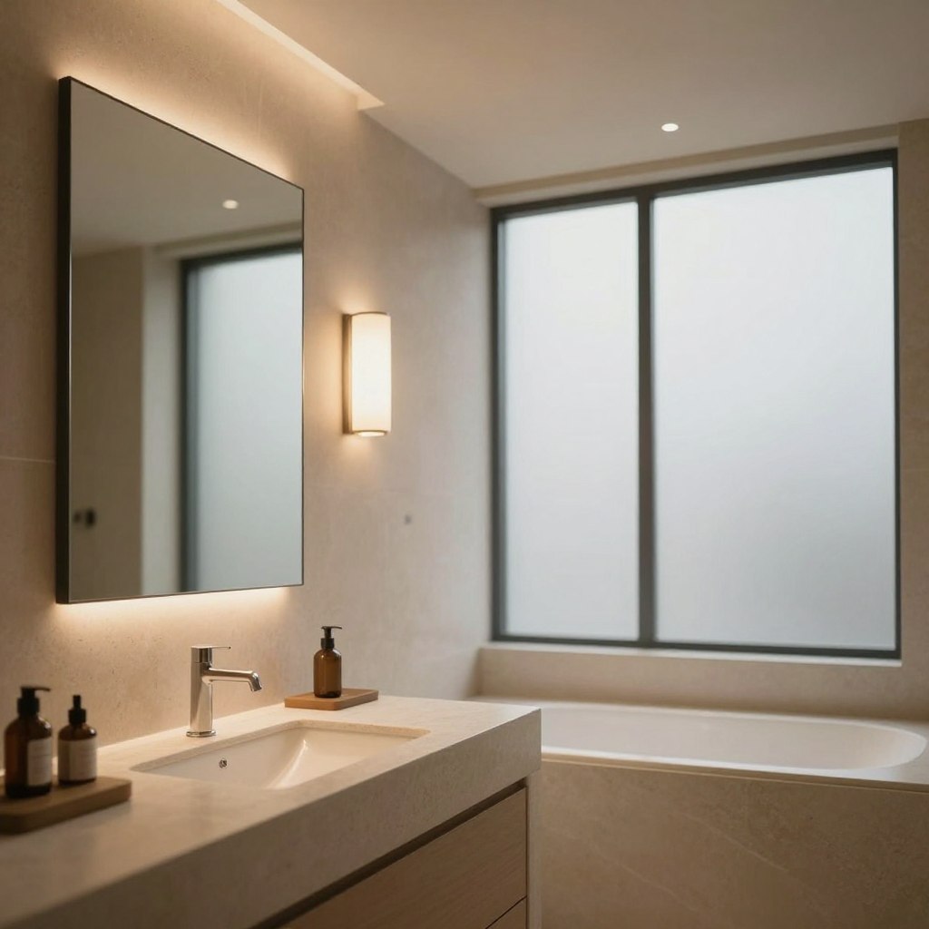 A serene and elegant bathroom interior featuring a sophisticated lighting scheme. The foreground showcases a minimalist vanity with warm neutral tones, complemented by a sleek, modern mirror. In the middle, various light sources create a soft, glowing ambiance: recessed ceiling lights and wall sconces cast delicate shadows, illuminating the textures of the natural stone surfaces. The background features large frosted glass windows that diffuse natural light, enhancing the tranquility of the space. The atmosphere is calm and inviting, with subtle highlights that emphasize the bathroom's luxurious materials. The overall composition is in soft focus, capturing the warmth and sophistication of the lighting, evoking a sense of quiet luxury throughout the scene.