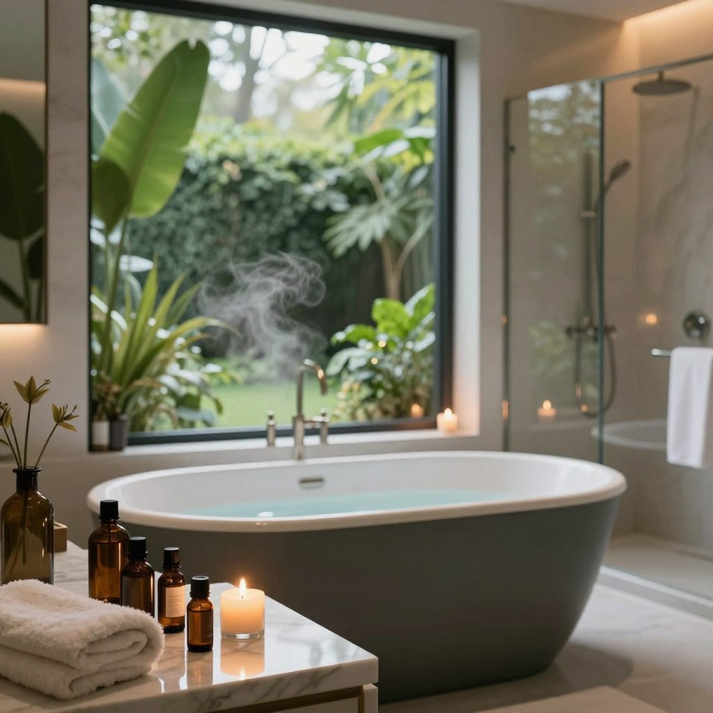 A serene and high-end bathroom designed for aromatherapy and wellness, featuring a deep soaking tub surrounded by lush greenery and soothing candlelight. In the foreground, elegant essential oil bottles are artfully arranged on a marble countertop next to soft, fluffy towels. The middle ground showcases a stylish, freestanding tub with a view of a large window overlooking a tranquil garden, bathed in soft, warm lighting. The background features a subtle, modern shower with glass panels, complemented by delicate steam that hints at relaxation. The atmosphere emphasizes tranquility and luxury, with muted colors blending harmoniously to evoke a sense of peace and rejuvenation, perfect for a private home spa experience.