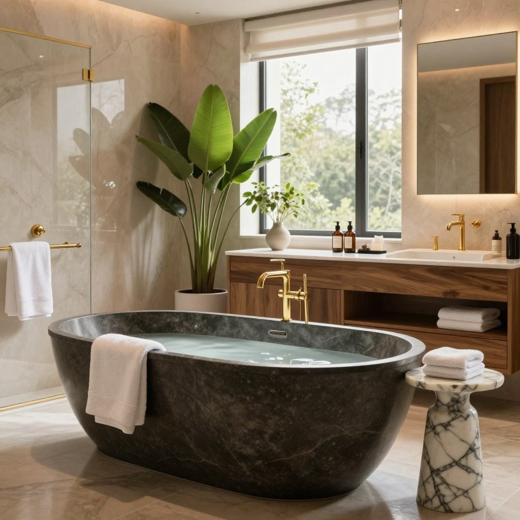 A serene and luxurious master bathroom showcasing high-end natural materials. In the foreground, an elegant freestanding soaking tub is made of rich, dark stone, accompanied by a stylish marble side table with a few plush towels elegantly draped. The middle ground features a sleek wooden vanity with polished gold fixtures, adorned with lush green plants and artisanal bath products. The backdrop reveals large windows allowing soft, diffused natural light to flood the room, highlighting the warm textures of warm wood and smooth stone throughout. Subtle reflections in the polished surfaces enhance the atmosphere. The overall mood exudes tranquility and opulence, evoking a private spa-like sanctuary, where one can unwind in comfort and sophistication.