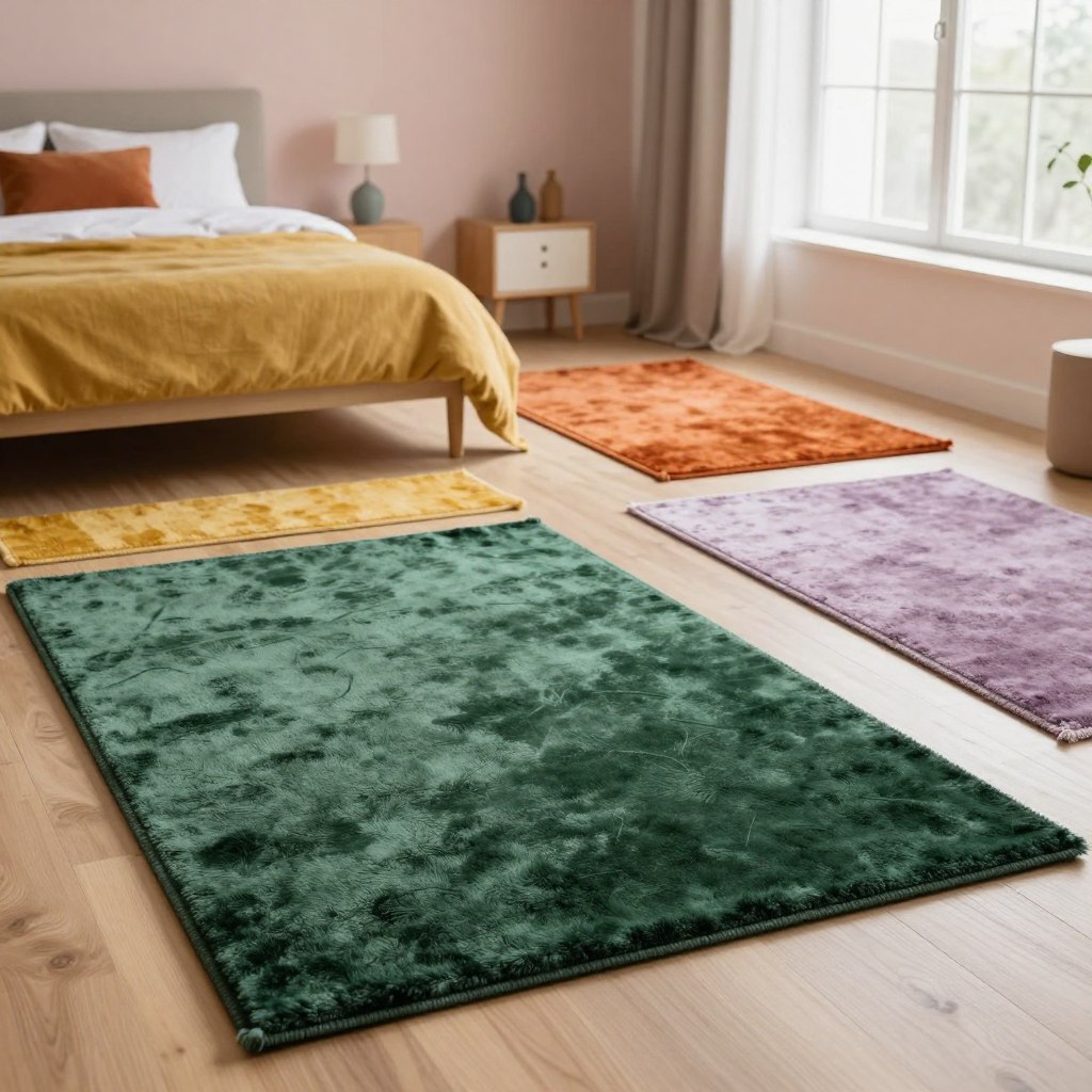 A serene and stylish bedroom interior featuring a selection of trendy rugs in a variety of seasonal colors. In the foreground, display an elegant, plush rug in a deep forest green with subtle patterned textures, contrasting against light wood flooring. In the middle ground, place several smaller rugs in trending hues such as mustard yellow, burnt orange, and soft lilac, showing their versatility for matching different bedroom color schemes. In the background, include a softly lit, airy bedroom space with pastel wall colors, minimalistic decor, and large windows filtering in natural light, creating a warm and inviting atmosphere. Emphasize the textures of the rugs and the play of light, capturing the essence of modern interior design trends.
