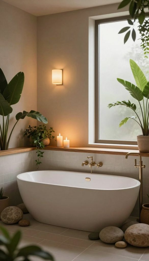 A serene bathroom interior designed for relaxation, featuring layered ambient lighting. In the foreground, an elegant freestanding bathtub is surrounded by smooth stones and lush green plants, creating a natural oasis. The middle layer showcases soft, glowing sconces on the walls, paired with flickering candles on a wooden shelf, casting warm reflections on the tiled surface. The background includes a large frosted window allowing gentle sunlight to filter through, enhancing the tranquil atmosphere. The color palette consists of soft neutral tones, with accents of natural materials like wood and stone. The scene is captured with a warm, soft focus lens, creating a calming, spa-like retreat feel. The overall mood is peaceful, inviting relaxation and rejuvenation.