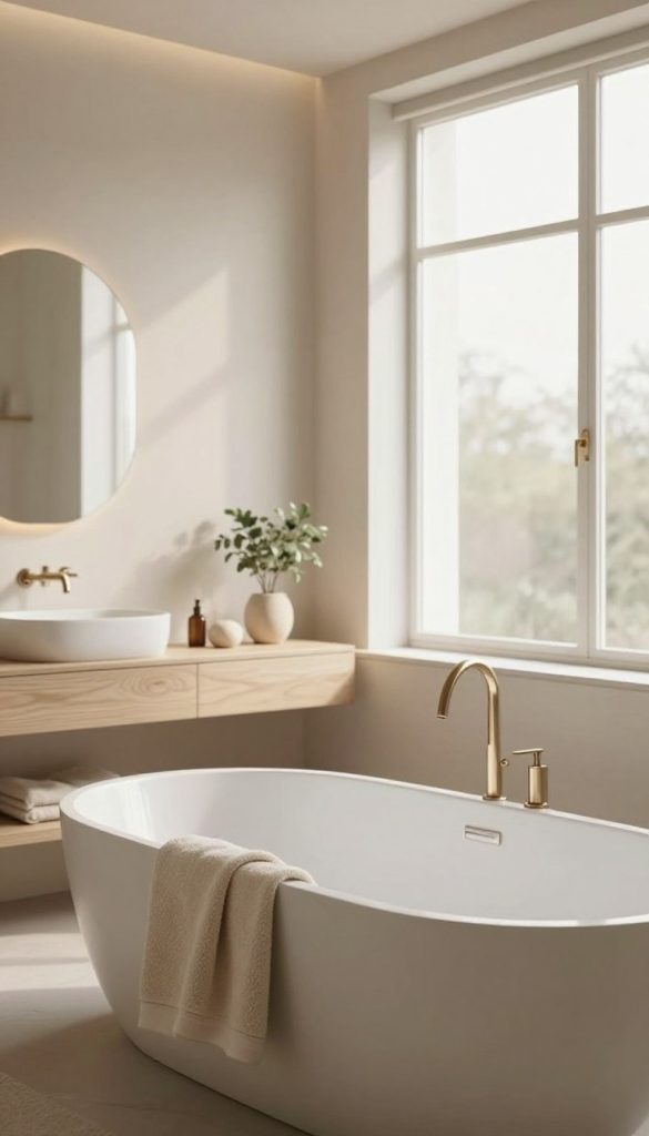 A serene bathroom interior featuring calming elements, designed with a soothing neutral color palette. The foreground includes a sleek, freestanding bathtub surrounded by soft, textured towels in shades of beige and ivory. In the middle, a light wooden vanity with minimalist decor, showcasing natural stone accents and a small potted plant for a touch of greenery. The background reveals a large window allowing gentle, diffused natural light to fill the space, enhancing the tranquil atmosphere. Soft shadows play across the room, emphasizing curved lines and organic shapes. The overall mood is serene and inviting, creating a sense of peace reminiscent of a spa-like retreat. No people are present, ensuring a focus on the tranquil design elements.