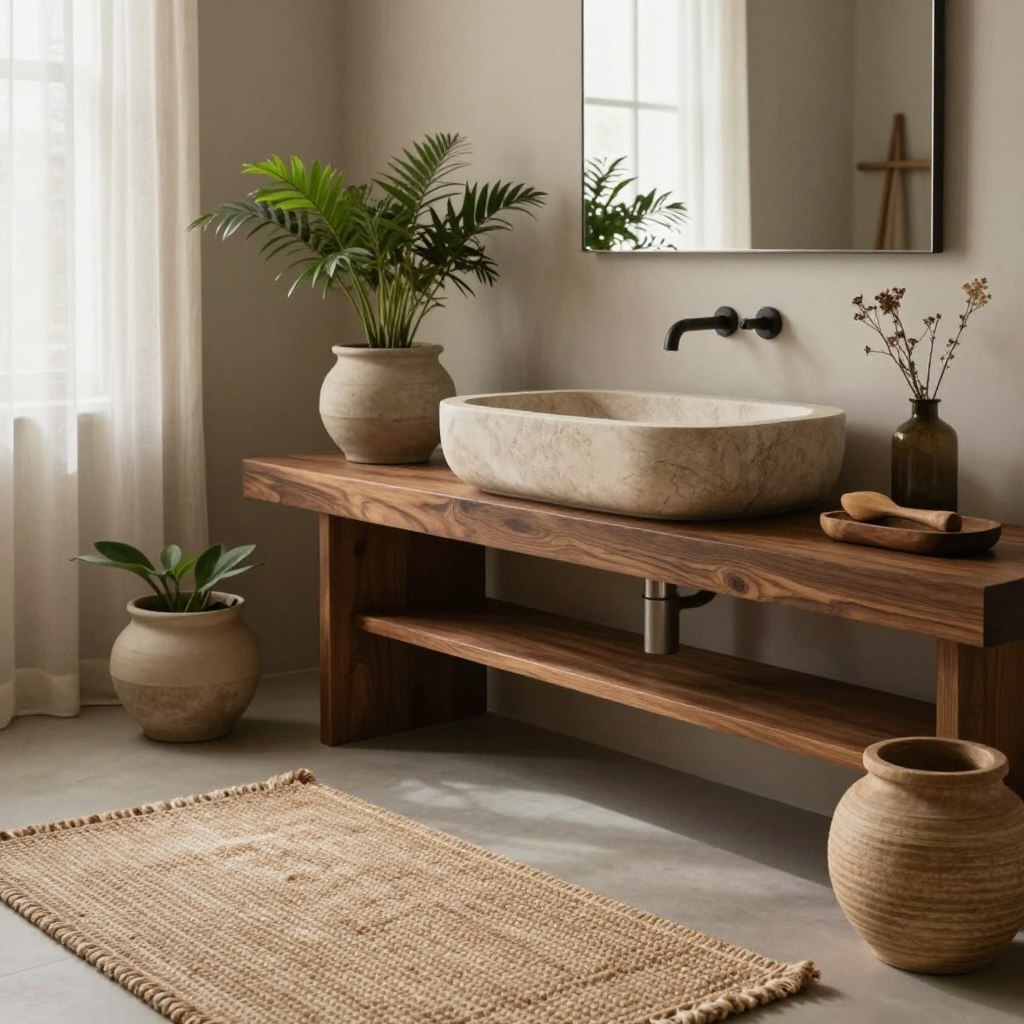 A serene bathroom interior showcasing a harmonious blend of natural textures. In the foreground, a soft, woven jute rug adds warmth, complemented by rustic wooden bath accessories. In the middle, a smooth stone sink with subtle veining sits atop a rich, dark wood vanity, surrounded by lush greenery in textured ceramic pots. The background features a sunlit window draped with sheer linen curtains, filtering gentle, diffused light throughout the space. The atmosphere is calm and inviting, emphasizing the interplay of earthy tones and natural elements. Capture the scene with a soft focus, shot from a slightly elevated angle to illustrate layers, depth, and the tranquil essence of a "quiet luxury" bathroom environment.