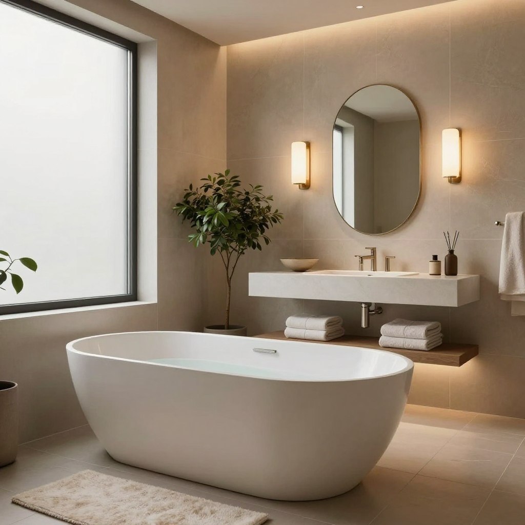 A serene bathroom retreat featuring elegant decor that embodies the "quiet luxury" aesthetic. In the foreground, a freestanding soaking tub is surrounded by smooth, warm neutral-toned tiles, with a plush, textured mat underneath. Soft, ambient lighting bathes the space, emitted from elegantly designed sconces and a large frosted window that diffuses natural light. In the middle ground, there’s a minimalistic vanity with a sleek, oval mirror above it, complemented by subtle luxury items like a decorative bowl and softly folded towels in muted colors. The background showcases a lush indoor plant, subtly enhancing the peaceful atmosphere. The entire scene evokes tranquility, warmth, and refined simplicity, ideal for a luxurious yet calming bathroom environment.