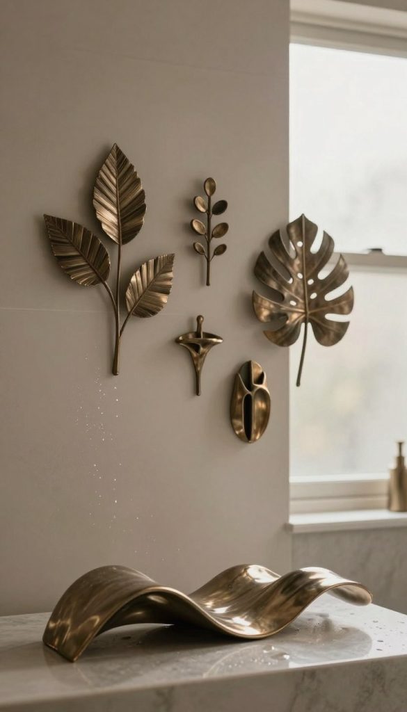 A serene bathroom setting featuring elegant metal wall art and sculptures, creating a modern yet tranquil atmosphere. In the foreground, a striking, intricate metal sculpture resembling flowing waves, masterfully crafted with a shiny finish to reflect light. The middle ground showcases a minimalist arrangement of various metal wall art pieces, incorporating natural elements like leaves and abstract forms to harmonize with the bathroom's decor. The background is softly lit, featuring a neutral color palette with subtle reflections of water droplets, enhancing the humid ambiance. Warm, natural lighting from a frosted window creates a cozy and inviting mood, highlighting the textures of the metal artworks. The imagery should evoke feelings of calm and sophistication, ideal for enhancing a bathroom's aesthetic without any people present.