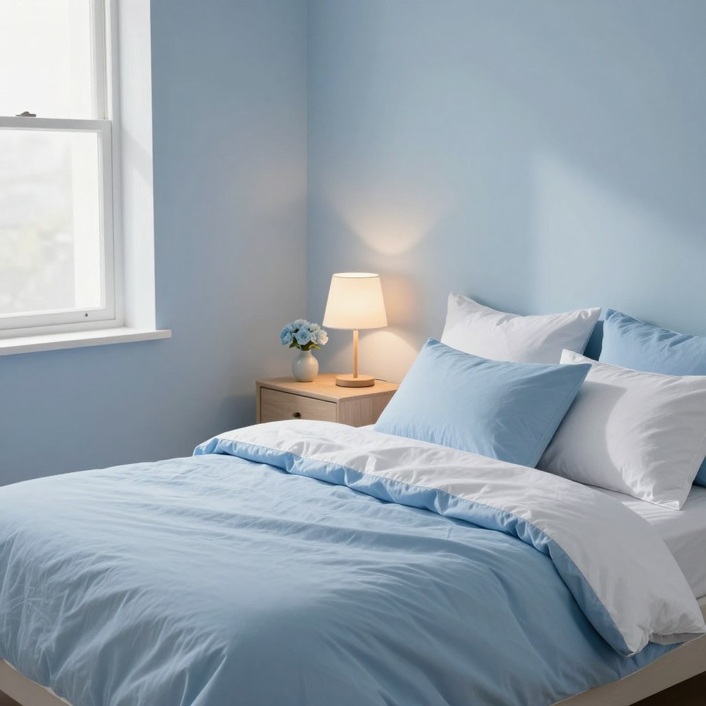 A serene bedroom featuring a soft blue color palette that promotes tranquility and relaxation. In the foreground, a neatly made bed dressed in light blue and white bedding with fluffy pillows. The middle ground showcases a cozy nightstand with a simple lamp emitting a warm, gentle glow, and a small vase of pale blue flowers. In the background, light blue walls provide a calming ambiance, complemented by a large window allowing soft natural light to filter in, casting delicate shadows. The overall atmosphere conveys peace and comfort, inviting a restful sleep. The scene is shot from a slightly elevated angle to capture the entire setup, emphasizing the spaciousness and serenity of the room.