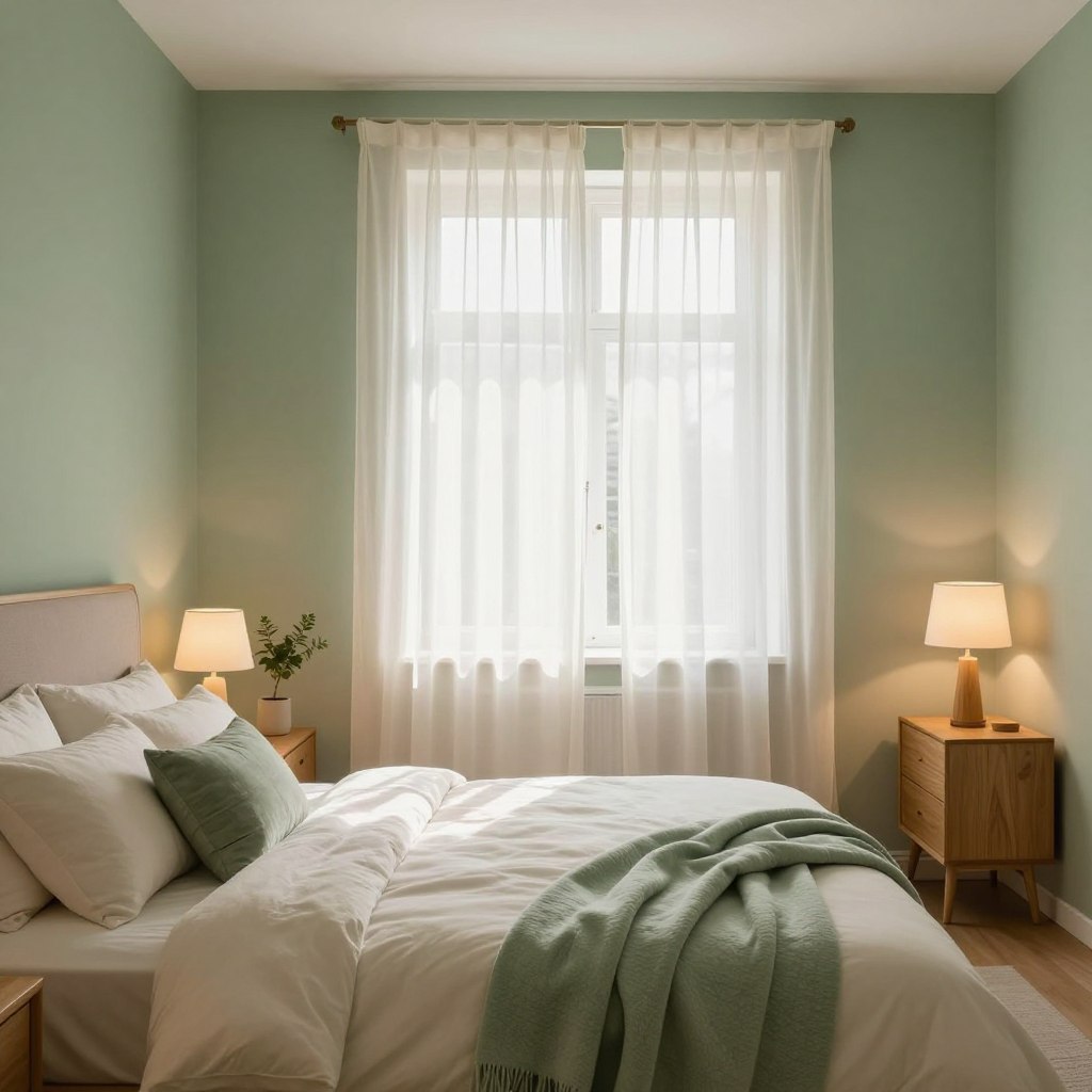 A serene bedroom featuring sage green and cream two-tone walls, where the sage green hue graces the upper half, creating a calming atmosphere. The cream lower half harmonizes beautifully, reflecting natural light. In the foreground, a plush cream bed with soft, textured pillows sits against the wall, complemented by a cozy sage green throw. On either side, minimalist wooden nightstands hold stylish lamps with soft, warm light. The middle layer showcases a softly illuminated area with a large window draped with sheer white curtains, allowing gentle sunlight to filter through and cast a warm glow. In the background, a small indoor plant adds a touch of greenery. The overall mood is tranquil and inviting, perfect for relaxation and serenity in a personal space.