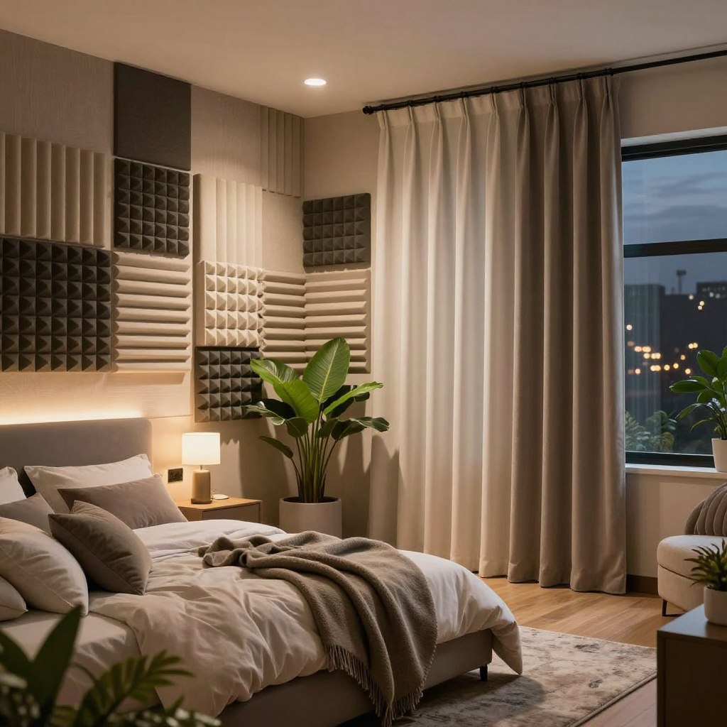 A serene bedroom interior designed for optimal soundproofing, featuring layers of plush curtains, acoustic wall panels, and soft area rugs. In the foreground, a cozy bed with fluffy pillows is surrounded by lush greenery, enhancing the calm atmosphere. The middle layer showcases sound-absorbing materials like thick blankets and decorative foam panels, while stylish furniture adds a modern touch. In the background, a softly lit window reveals a tranquil nighttime scene with muted city lights, emphasizing the peaceful mood. The warm lighting creates a soothing ambiance, enhancing the sense of serenity and relaxation essential for better sleep. The camera angle is slightly elevated, giving a comprehensive view of the room's noise reduction features without any human presence.