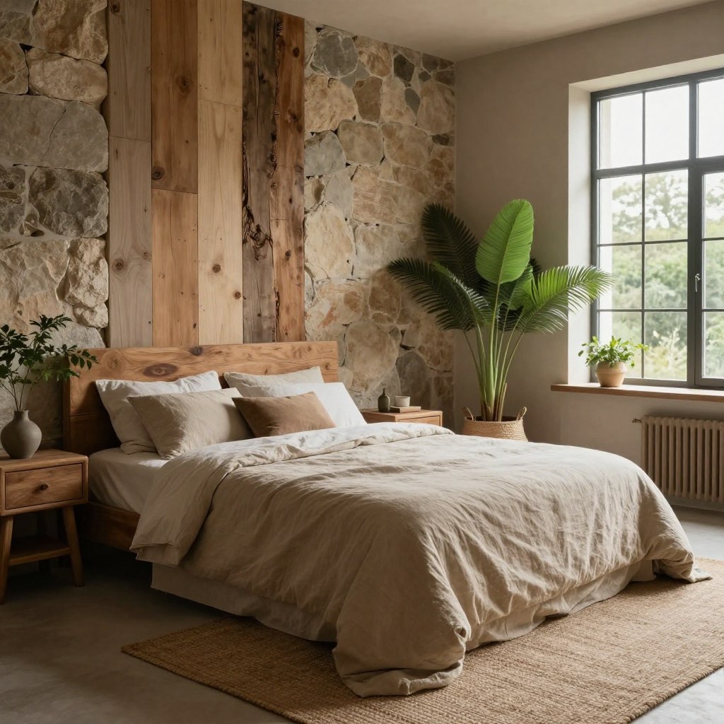 A serene bedroom interior designed with raw, natural materials. In the foreground, a plush, earthy-toned bed is draped in organic cotton linens, surrounded by rustic wooden nightstands. The middle ground features textured walls made of reclaimed wood and stone, showcasing a harmonious blend of nature. A cozy area rug made from jute adds warmth underfoot. In the background, large windows allow soft, natural light to flood the space, casting gentle shadows and highlighting the organic textures. Lush green plants in woven baskets create a refreshing contrast against the earthy palette. The atmosphere is tranquil and inviting, promoting a sense of retreat and relaxation, with an emphasis on earthy luxury and sustainability.