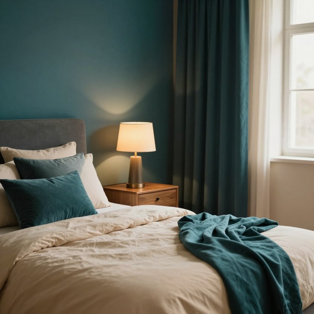A serene bedroom interior featuring a deep teal accent wall contrasting beautifully with warm beige walls on either side. The foreground showcases a plush beige bedspread adorned with teal and cream pillows, enhancing the luxurious comfort of the space. A stylish teal throw is draped casually over the side of the bed, adding a touch of elegance. In the middle, a sleek, wooden nightstand holds a modern lamp with a warm glow, casting soft light across the room, creating an inviting atmosphere. The background displays rich curtains in deep teal, filtering natural light through the window, highlighting the warmth of the beige tones. The scene is captured with a soft focus lens, emphasizing a cozy, tranquil mood, ideal for relaxation.