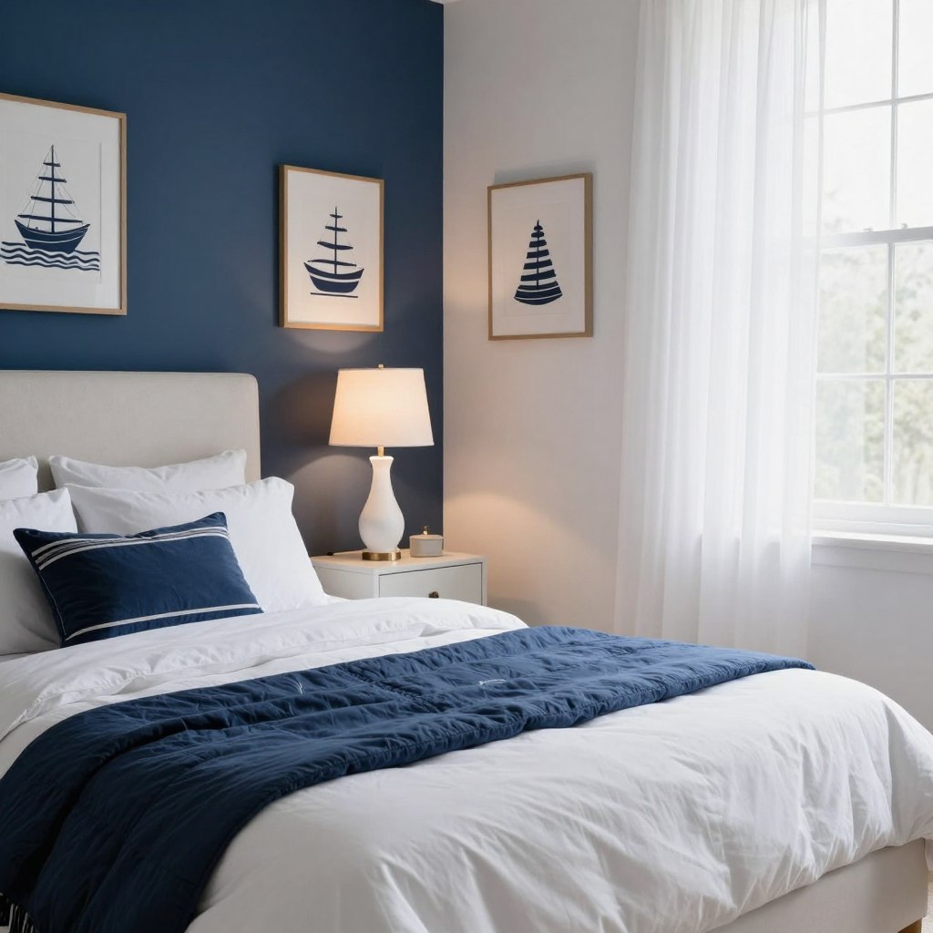 A serene bedroom interior featuring a striking combination of navy blue and soft white tones. In the foreground, a plush soft white bed with a navy blue quilt and decorative pillows adds a cozy touch. A stylish navy blue accent wall contrasts with soft white walls adorned with nautical-themed artwork. In the middle, a sleek nightstand holds a delicate white lamp with a warm glow, enhancing the inviting atmosphere. The background reveals a large window draped in sheer white curtains, allowing soft natural light to filter in, creating a calming ambiance. The overall mood is one of classic nautical elegance, ideal for a tranquil retreat, with an emphasis on harmony and sophistication in color and design.