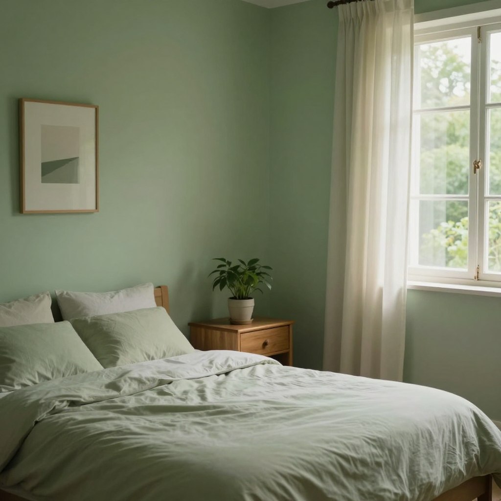 A serene bedroom interior painted in soft, muted green tones, evoking the calming essence of nature. The foreground features a neatly made bed with a cozy, light-colored duvet and plush pillows that complement the green walls. In the middle, a wooden nightstand holds a small potted plant, adding a touch of greenery and coziness. Natural light filters in through sheer curtains, creating a warm and inviting atmosphere. The walls are adorned with minimalist artwork that harmonizes with the color scheme, enhancing the tranquil vibe. In the background, a softly illuminated window frames a view of lush greenery outside, emphasizing the peaceful escape this bedroom offers. Capture this soothing scene with a slightly elevated angle to provide depth and a feeling of spaciousness.
