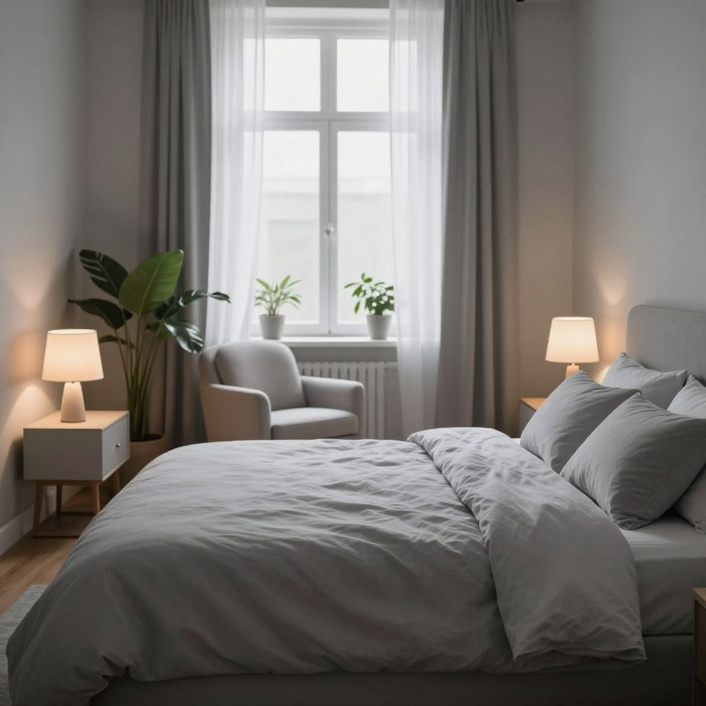 A serene bedroom painted in soft gray tones, evoking tranquility and calm. The foreground features a neatly made queen-size bed with fluffy, light gray bedding and plush pillows, creating an inviting feel. On either side of the bed, minimalist nightstands hold simple lamps with warm, soft glowing light. In the middle ground, a cozy armchair upholstered in light fabric sits in a reading nook, surrounded by houseplants that add a touch of greenery. The background displays a window with sheer white curtains, allowing gentle, diffused natural light to fill the space. The overall atmosphere is peaceful and restful, perfect for enhancing sleep quality. The lighting is warm and inviting, with a focus on creating a harmonious and soothing environment.