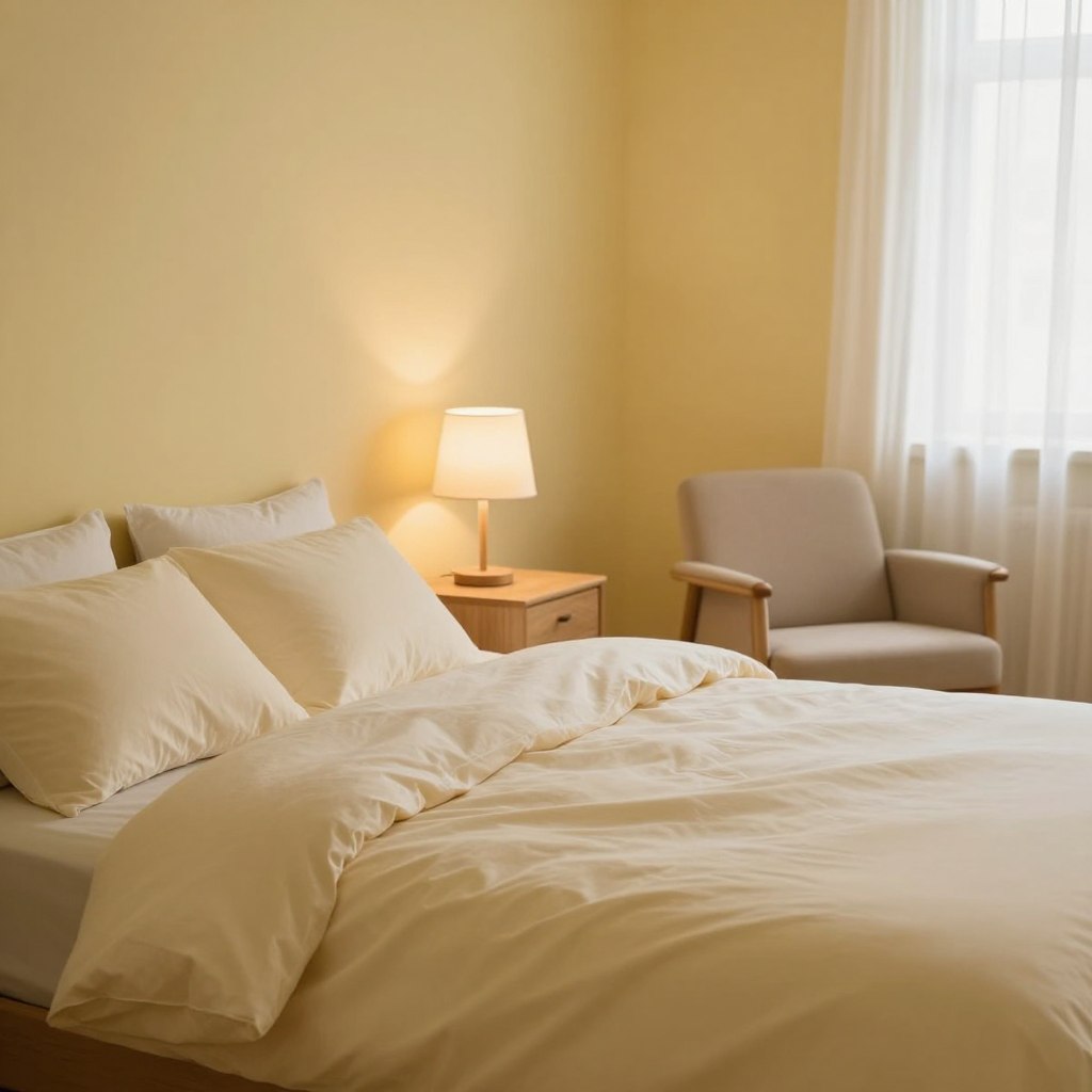A serene bedroom scene bathed in gentle pale yellow light, illustrating a calming atmosphere conducive to restful sleep. The foreground features a neatly made bed with soft, inviting pillows and a cozy duvet in complementary warm tones. In the middle, the walls highlight a soothing pale yellow hue, seamlessly blending with natural wooden accents of the furniture—such as a bedside table and a cozy armchair. The background reveals a softly glowing bedside lamp casting a warm light, with sheer curtains allowing a hint of soft daylight to filter in. The overall mood is tranquil, evoking a sense of comfort and relaxation, perfect for unwinding at the end of the day. The camera angle captures a cozy corner of the room, emphasizing the peaceful ambiance and inviting color scheme without any people present.