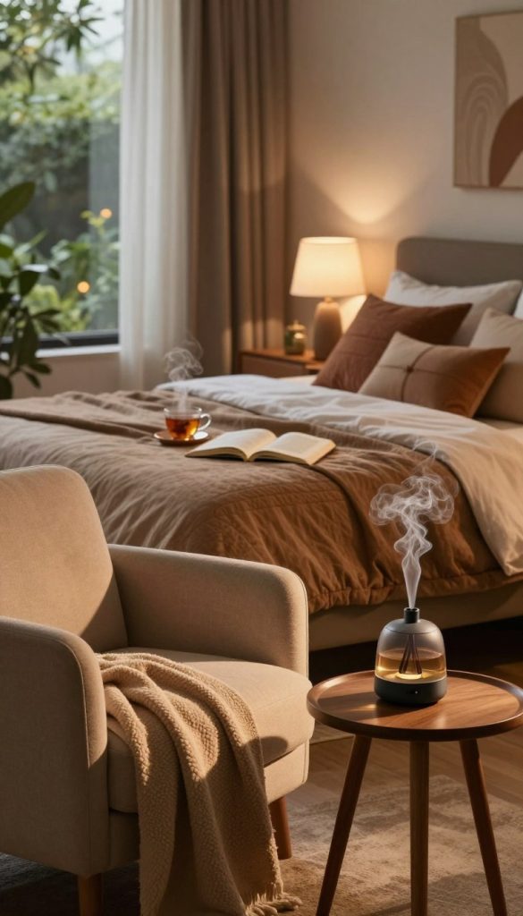 A serene bedroom scene designed for relaxation, featuring soft, ambient lighting that casts gentle shadows. In the foreground, a luxurious, cozy armchair draped with a plush blanket sits beside a small wooden side table, on which sits an elegant diffuser emitting wisps of aromatic vapor. The middle ground showcases a neatly made, inviting bed equipped with an oversized quilt and an array of decorative pillows in warm, earthy tones. A bedside lamp with a soft glow illuminates an open book and a steaming cup of herbal tea. In the background, a window with sheer curtains reveals a tranquil view of a softly lit garden, enhancing the peaceful ambiance. The overall mood is warm and calming, emphasizing scents and sound design through visual elements like plants and styled acoustic panels.
