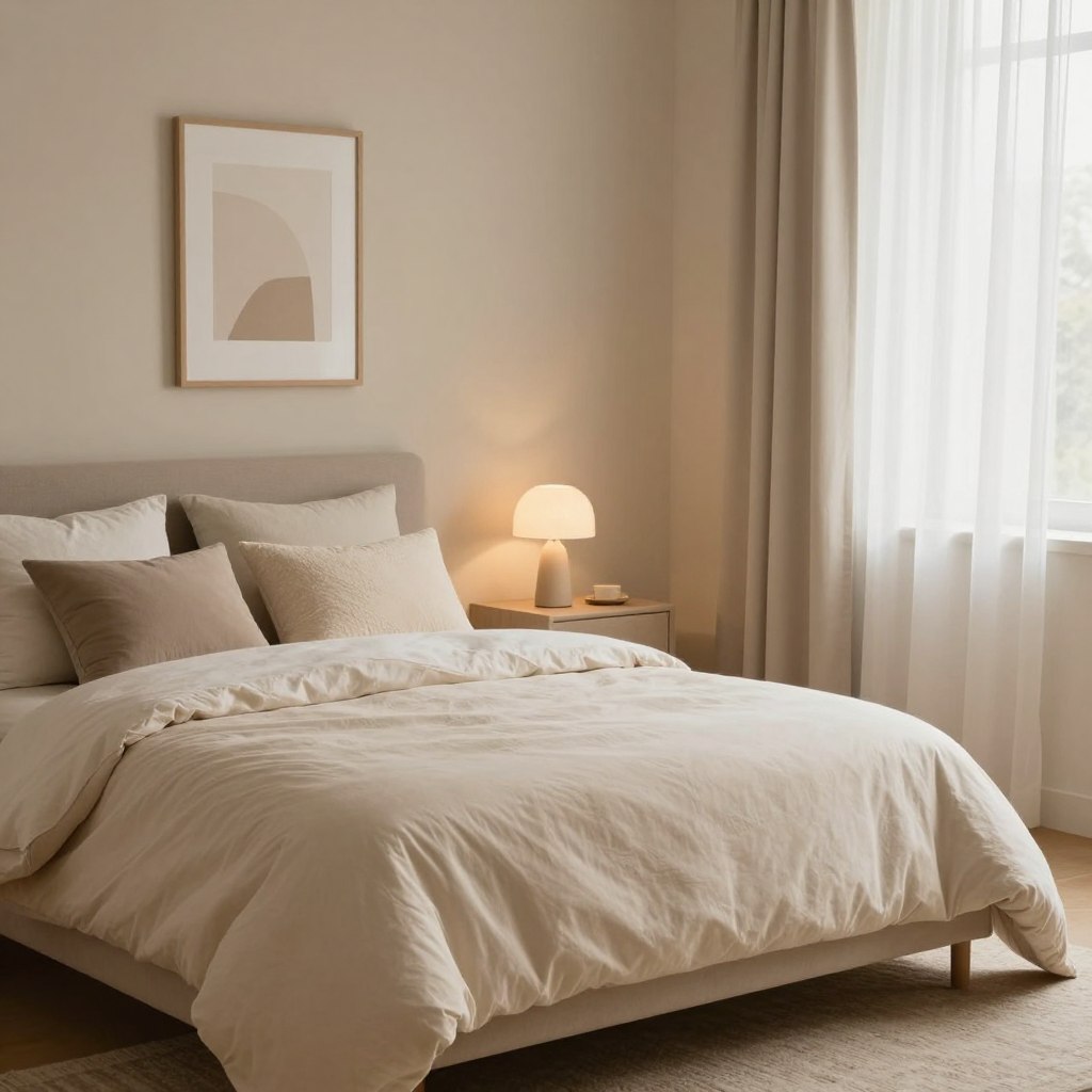 A serene bedroom scene showcasing the calming effect of soft beige paint on the walls. The foreground features a neatly made bed with neutral-toned bedding, layered with textured pillows in shades of cream and taupe. In the middle, a stylish nightstand holds a simple lamp with a warm, gentle glow, accentuating the tranquil atmosphere. The background reveals softly diffused natural light filtering through sheer curtains, illuminating the room while enhancing the soothing beige hues. Decorative elements include a framed minimalist artwork on the wall and a cozy area rug beneath the bed, creating a harmonious and inviting space. The overall mood conveys serenity, comfort, and relaxation, perfect for promoting better sleep.