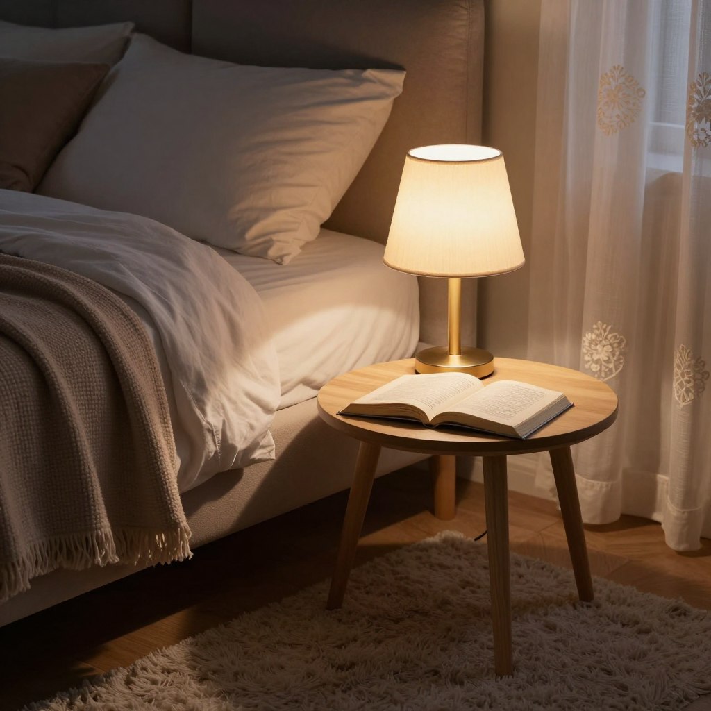 A serene bedroom scene showcasing the ideal positioning of bedside table lamps below mattress height for reading comfortably without disturbing a partner. In the foreground, a stylish bedside table holds an elegant lamp with a warm, soft glow that illuminates an open book. The middle ground features a plush bed with a cozy, inviting blanket draped over the side, while the soft glow of the lamp creates gentle shadows around. In the background, a serene color palette enhances the calming atmosphere, complemented by soft textures like a shaggy rug and embroidered curtains. The lighting is warm and inviting, reminiscent of twilight, creating an intimate reading nook. The angle captures the scene from slightly above, emphasizing the practical placement of the lamp for optimal illumination.