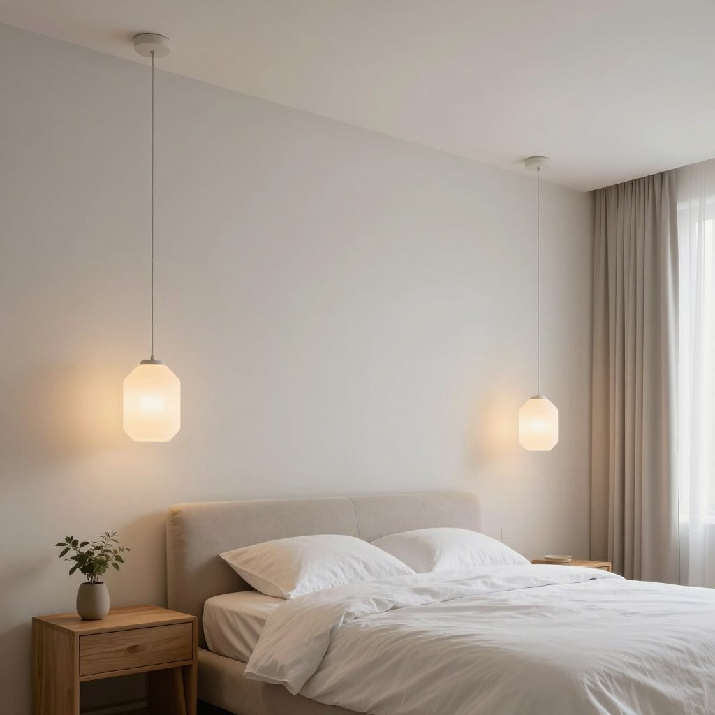 A serene bedroom setting featuring minimalist pendant light fixtures, elegantly suspended from a smooth, white ceiling. The lights are crafted from frosted glass with subtle geometric shapes, casting soft, warm glows throughout the room. In the foreground, a sleek wooden bedside table complements the soft tones of the room, topped with a simple decorative plant. The middle ground showcases a plush, neutral-toned bed with crisp white linens, highlighting the harmony of textures. In the background, soft natural light filters through sheer curtains, creating a tranquil ambiance. The scene is captured in a wide-angle view, emphasizing the spaciousness and modern design, with an overall mood of calm sophistication and contemporary elegance.