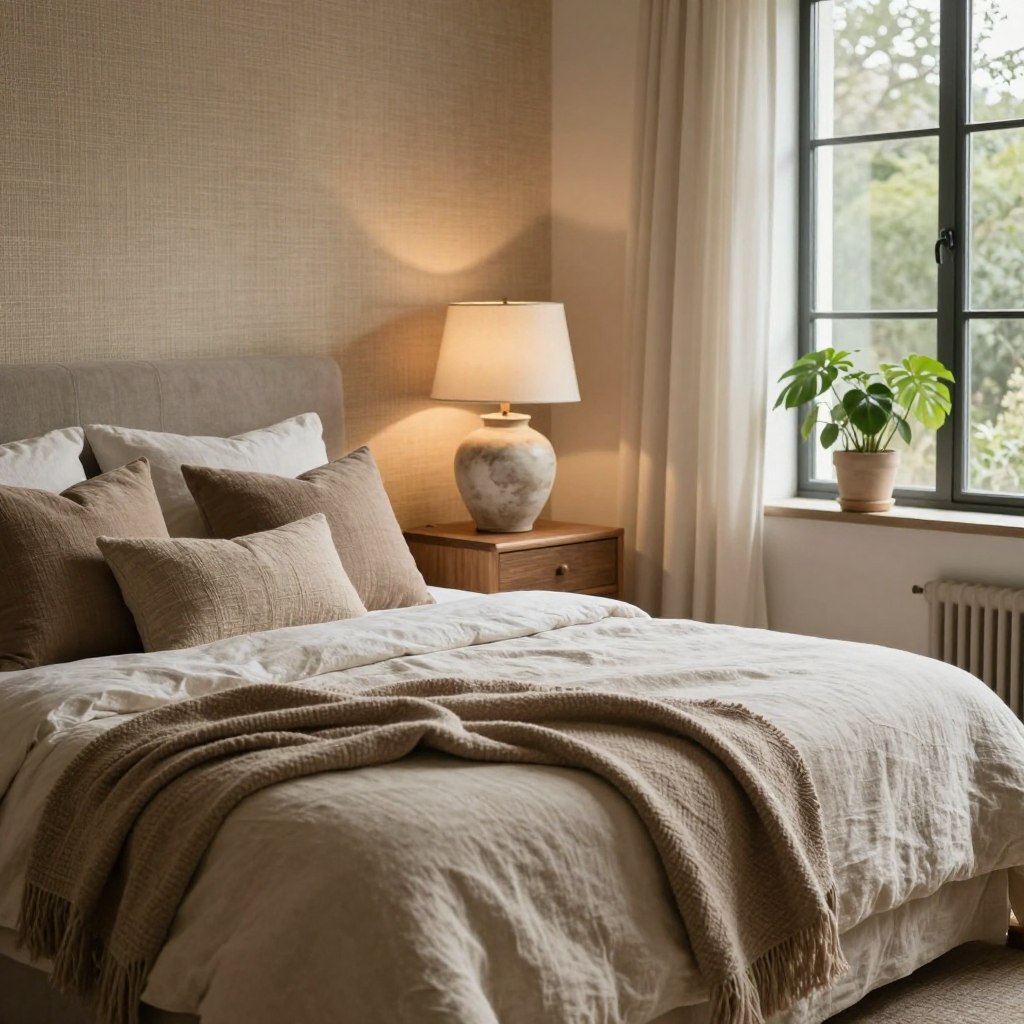 A serene bedroom showcasing a cozy ambiance layered with organic textures. In the foreground, a plush linen bed adorned with soft earth-toned throw blankets and a collection of textured pillows creates an inviting focal point. The middle ground features a wooden nightstand with a handcrafted ceramic lamp casting soft, warm light. The background reveals a wall with natural fiber wallpaper and potted plants that add a touch of greenery. A large window allows gentle daylight to filter in, creating dappled lighting throughout the space. The overall atmosphere reflects a tranquil retreat, emphasizing tactile comfort and earthy luxury, with a focus on warm hues and natural materials.