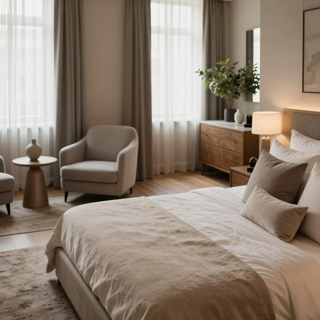A serene boutique hotel bedroom featuring a sophisticated neutral color palette. In the foreground, a plush, textured king-size bed adorned with soft beige and cream bedding, accented by subtle taupe throw pillows. A stylish, soft gray armchair sits nearby, paired with a small, elegant side table topped with a minimalist decorative vase. In the middle ground, a chic area rug softly defines the space, complemented by a streamlined wooden dresser. The background showcases large windows with sheer curtains allowing soft, diffused daylight to illuminate the room. A hint of greenery is visible from potted plants placed strategically to enhance the peaceful atmosphere. The lighting is warm and inviting, creating a calm, luxurious mood, perfect for relaxation. The angle of the shot is slightly elevated, capturing the overall serenity and sophistication of the boutique aesthetic.