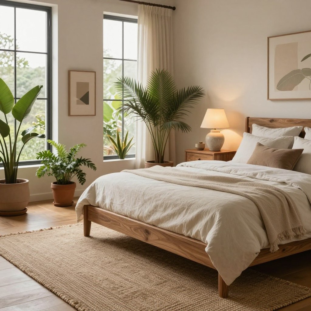 A serene escape bedroom featuring artisanal decor, exuding earthy luxury. In the foreground, a beautifully handcrafted wooden bed frame adorned with soft, organic cotton linens in neutral tones. Beside the bed, a rustic nightstand holds a delicate ceramic lamp with a warm glow. The middle ground showcases an intricately woven, textured rug that complements the natural wood flooring. A collection of potted plants adds a touch of life and greenery throughout the space. In the background, large windows invite soft, diffused sunlight, enhancing the tranquil atmosphere. The walls are adorned with minimalistic, eco-friendly art pieces crafted from sustainable materials, creating a harmonious blend of comfort and elegance. The overall mood is peaceful, inviting relaxation and mindfulness.