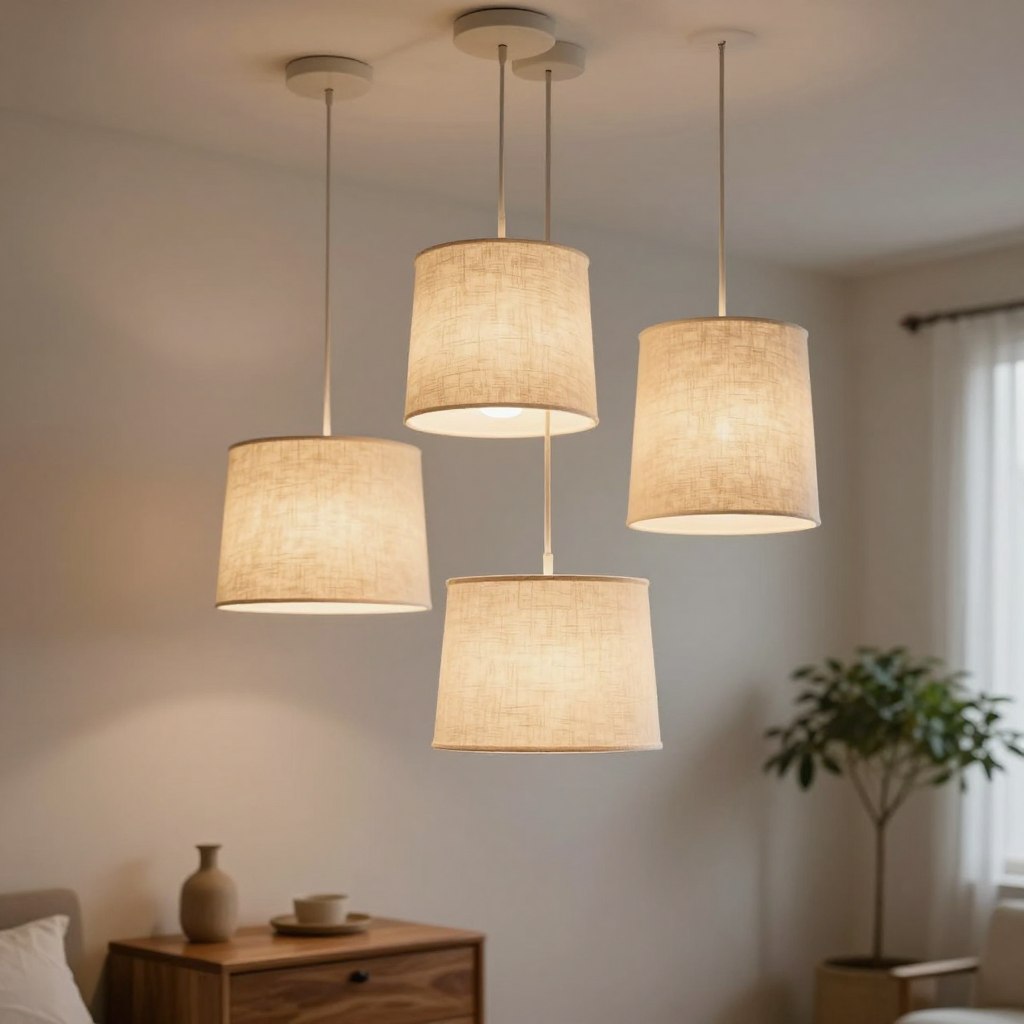 A serene interior scene featuring elegant drum shade pendant lights hanging from a softly textured ceiling. The lights have a warm, muted color palette, made from natural materials like linen or cotton, exuding a cozy atmosphere. The foreground showcases a polished wooden bedside table with minimalist decor, while the middle layer focuses on the pendant lights above, casting a gentle, diffused light that softly illuminates the surroundings. The background includes a softly blurred room setting, with light-colored walls and a hint of greenery from a nearby potted plant, creating a tranquil and inviting ambiance. The overall mood is calm and sophisticated, ideal for a cozy bedroom. Use a warm, natural lighting setup to enhance the inviting glow and soft shadows.