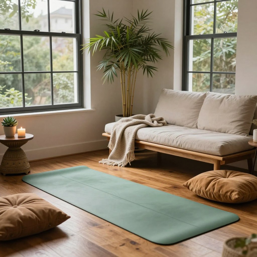 A serene meditation corner in a master bedroom features soft, natural lighting streaming through large windows, reflecting a peaceful atmosphere. In the foreground, a cozy yoga mat in a calming shade of green lies on a smooth wooden floor, accompanied by plush cushions in warm earth tones. A small, ornate side table holds a lit candle and a potted succulent, adding a touch of nature. In the middle ground, a comfortable, low wooden bench provides a place for seating, adorned with a cozy throw blanket. The background showcases a tranquil indoor plant, such as a tall bamboo or fiddle-leaf fig, enhancing the ambiance. The overall mood is tranquil and inviting, perfect for relaxation and mindfulness. The image is taken from a slight angle to capture the cozy nook, creating an intimate and welcoming space.