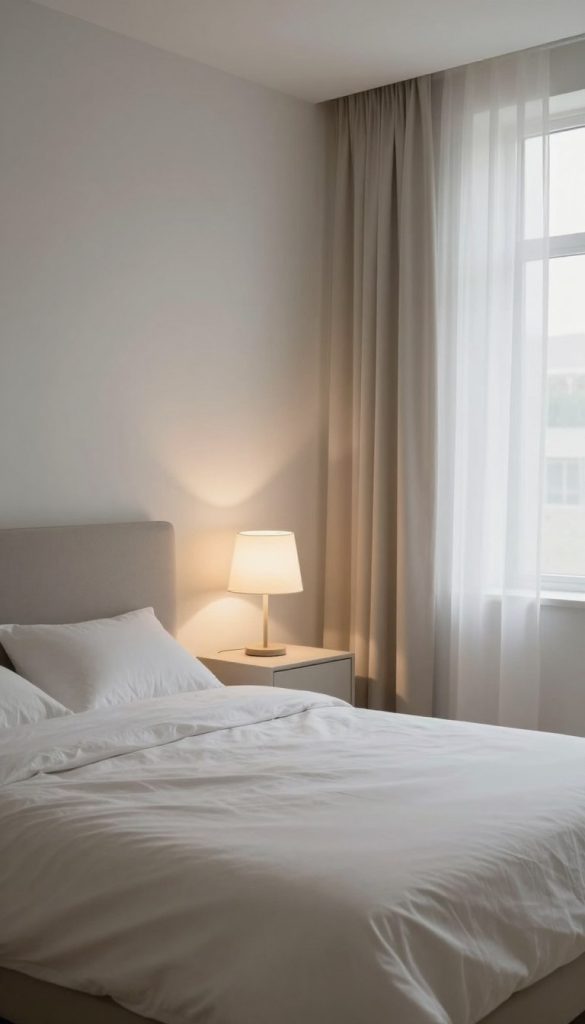 A serene minimalist apartment bedroom featuring soft, diffused lighting that creates a warm and inviting atmosphere. The foreground showcases a neatly made bed with crisp, pale linens and a simple, elegant headboard. In the middle, a stylish yet unobtrusive bedside table holds a sleek lamp with a soft glow, casting gentle shadows. The background includes large windows dressed in sheer curtains that allow natural light to pour in, enhancing the sense of spaciousness. The color palette is neutral, with whites, beiges, and light grays, promoting tranquility. The overall mood is calm and peaceful, perfect for relaxation and sleep. The image captures the essence of minimalist design, emphasizing the importance of lighting in a cozy, airy apartment space.