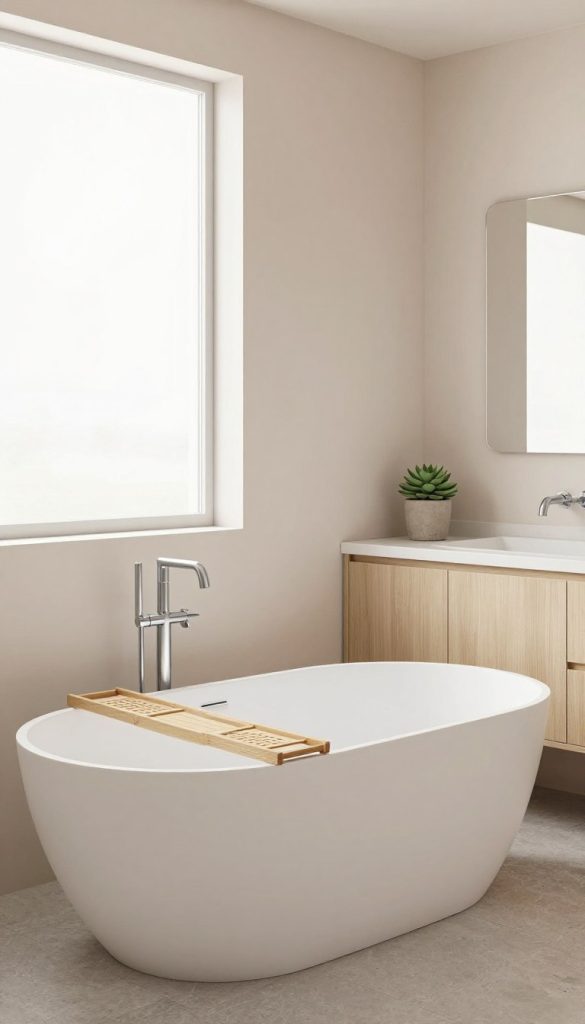 A serene minimalist bathroom, emphasizing clean lines and calming aesthetics. In the foreground, a sleek, white freestanding bathtub sits atop a light gray stone floor, with a simple bamboo bath tray resting across the tub. The middle layer features elegant wall-mounted fixtures, including a polished chrome faucet and a rectangular mirror with soft edges reflecting natural light. In the background, light-colored wood cabinetry blends seamlessly with pastel-hued walls adorned with a single potted succulent for a touch of greenery. The soft, diffused lighting from a large frosted window creates a tranquil atmosphere, enhancing the spa-like retreat feel. The image captures a peaceful ambiance perfect for relaxation and rejuvenation.