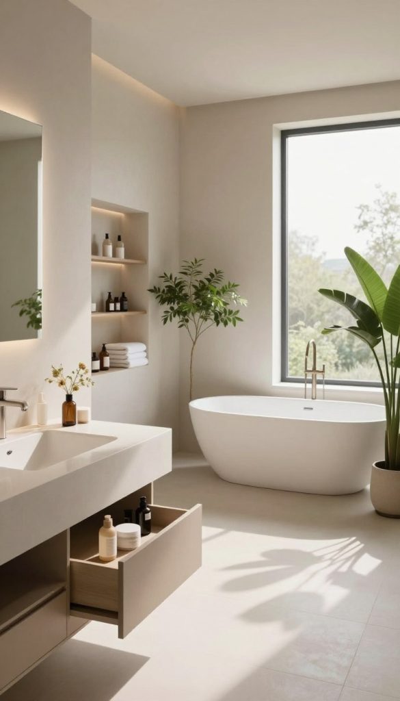 A serene minimalist bathroom featuring elegant decor with hidden storage solutions. In the foreground, a sleek, modern vanity with a concealed drawer system, displaying a few neatly arranged skincare products. In the middle ground, an airy, freestanding bathtub positioned near a large window, allowing soft, natural light to flood the space, casting gentle shadows. The walls are adorned with calming, neutral tones, and potted plants add a touch of greenery, enhancing the tranquil atmosphere. The background showcases built-in shelving discreetly integrated into the wall, filled with neatly organized towels and decor items. The overall mood is one of calm and organization, evoking a spa-like retreat with an emphasis on intentional storage. The perspective is slightly elevated, capturing the room's spaciousness and clean lines.