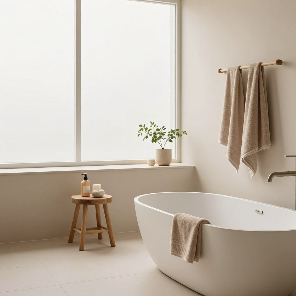 A serene minimalist bathroom oasis featuring warm neutral tones. In the foreground, a sleek freestanding bathtub is set against a smooth, light beige wall. Soft, plush towels in warm taupe hang neatly on a minimalistic wooden rack. The middle layer showcases a simple wooden stool holding natural stone bath essentials and a small potted plant, adding a touch of greenery. In the background, large frosted windows allow soft, diffused natural light to fill the space, enhancing the airy atmosphere. The flooring is made of large, light-colored tiles, emphasizing the clean lines and simplicity of the design. Overall, the mood is calm and inviting, perfect for relaxation and escape.