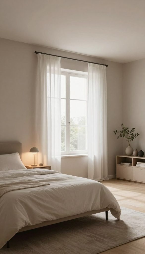 A serene minimalist bedroom design featuring a calming neutral color palette. The foreground showcases a clean, elegantly made bed with soft, light beige bedding and a subtle textured throw. Beside the bed, there is a small, simple nightstand with a minimalist lamp, casting soft, warm light. In the middle, a large window allows natural light to flood the space, framed by sheer white curtains that flutter gently. The walls are painted in soft taupe, enhancing the tranquil atmosphere. The background includes a tastefully arranged bookshelf with a few decorative items and plants that bring a touch of nature indoors. The room has a spacious feel, with smooth wooden flooring and a stylish rug in muted tones. The overall mood is peaceful and uncluttered, inviting relaxation.