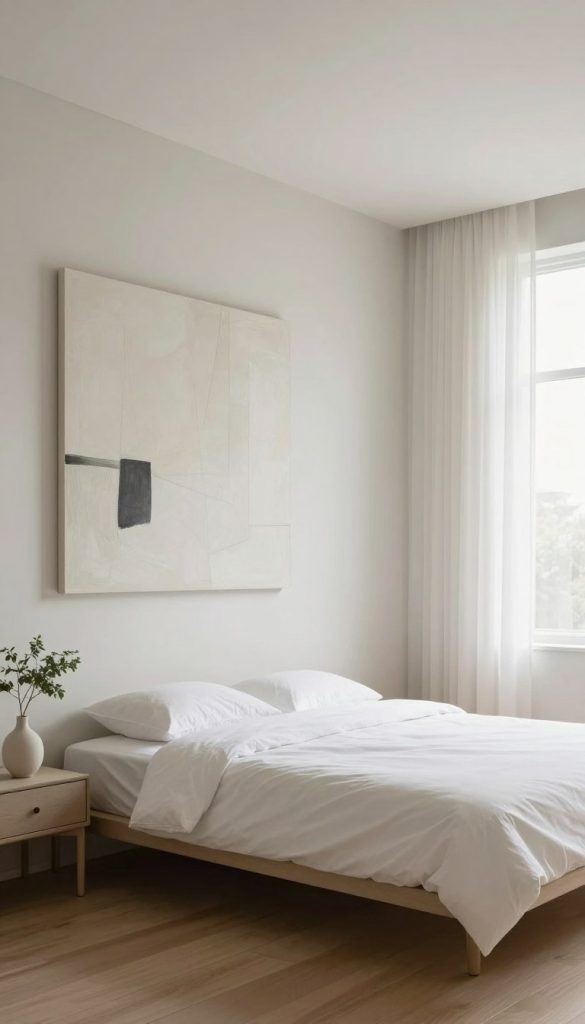 A serene minimalist bedroom design featuring a large statement piece, such as a modern abstract painting, prominently displayed above a sleek, low-profile bed with crisp white linens. The foreground includes a simple nightstand with a single elegant vase holding a solitary green plant. In the middle, the room is bathed in soft, natural light streaming through a large window with sheer white curtains, creating a bright and airy atmosphere. The background showcases smooth, light-colored walls and a warm wooden floor, contributing to a sense of spaciousness. The overall mood is calm and inviting, with an emphasis on simplicity and functionality, perfect for showcasing the beauty of minimalism in interior design. The angle captures the room from a slightly elevated perspective, enhancing the openness of the space.