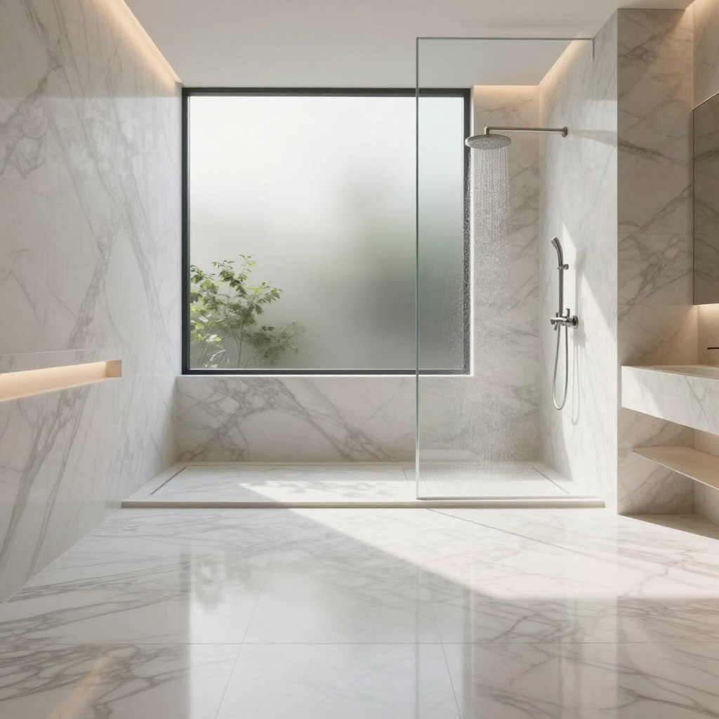 A serene minimalist marble sanctuary showcasing a luxurious wet room. The foreground features smooth, white marble flooring with subtle grey veining, harmoniously reflecting natural light. The middle ground includes a spacious, elegantly tiled shower area with a glass partition, revealing a rain showerhead and minimalist fixtures in brushed chrome. Soft, warm lighting accentuates the polished marble surfaces and creates an inviting atmosphere. The background presents a large frosted window, allowing soft natural light to filter in, enhancing the tranquil ambiance. Lush greenery is visible through the window, providing a touch of nature. The overall mood is calm and sophisticated, embodying high-end design without distractions. The composition is shot from a slightly elevated angle, capturing the entire space with a focus on clean lines and luxurious materials.