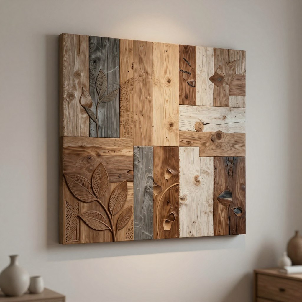 A serene rustic wood wall art piece designed for a contemporary bedroom, showcasing natural reclaimed wood panels with various textures and shades of brown, gray, and white. The foreground features intricate carvings of leaves and geometric patterns, blending organic shapes with modern aesthetics. In the middle, soft ambient lighting casts warm shadows, enhancing the wood's rich grain and highlighting the craftsmanship. The background is softly blurred, hinting at a minimalist bedroom setting with soft hues on the walls, complementing the artwork. Use a shallow depth of field to emphasize the wall art while creating a peaceful, inviting atmosphere that inspires tranquility and elegance in a contemporary space.