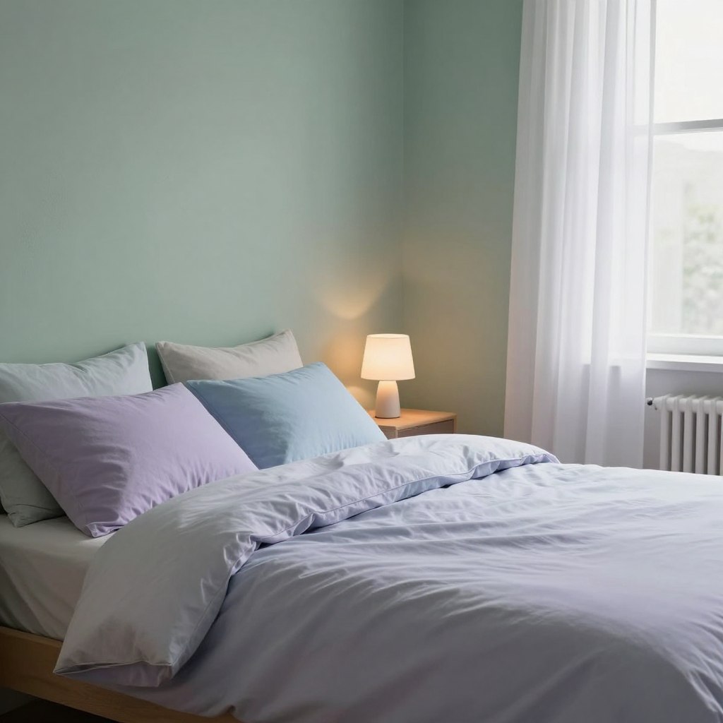A serene, sleep-friendly bedroom showcasing calming paint colors that promote restful sleep. In the foreground, a cozy bed with soft, pastel-colored linens in soothing hues like lavender and soft blue. The middle features a gently textured wall painted in a muted sage green, harmonizing with the bedding. On one side, a bedside table adorned with a small, minimalist lamp emitting a warm, inviting glow. The background includes large windows allowing soft, diffused natural light to flood the room, highlighting the gentle tones. The overall atmosphere is peaceful and tranquil, designed to evoke a sense of calm and relaxation, perfect for inducing sleep. No people are visible, creating an intimate, personal space ideal for restful nights.