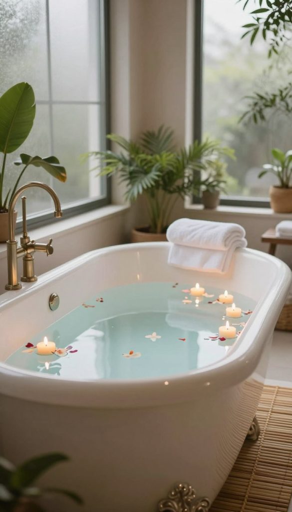 A serene spa-inspired bathroom featuring a deep soaking tub as the centerpiece, surrounded by natural elements. In the foreground, the elegant tub is made of smooth white porcelain, filled with calm, clear water, adorned with floating candles and delicate flower petals. The middle ground showcases soft, textured towels and a bamboo bath mat, adding warmth and tranquility. The background reveals soft green plants, promoting a natural atmosphere, while warm, diffused lighting creates a soothing ambiance throughout the space. The scene is enhanced by large frosted windows allowing gentle, natural light to filter through, emphasizing a sense of peace and relaxation. Overall, the atmosphere is one of serene luxury, inviting contemplation and rejuvenation.