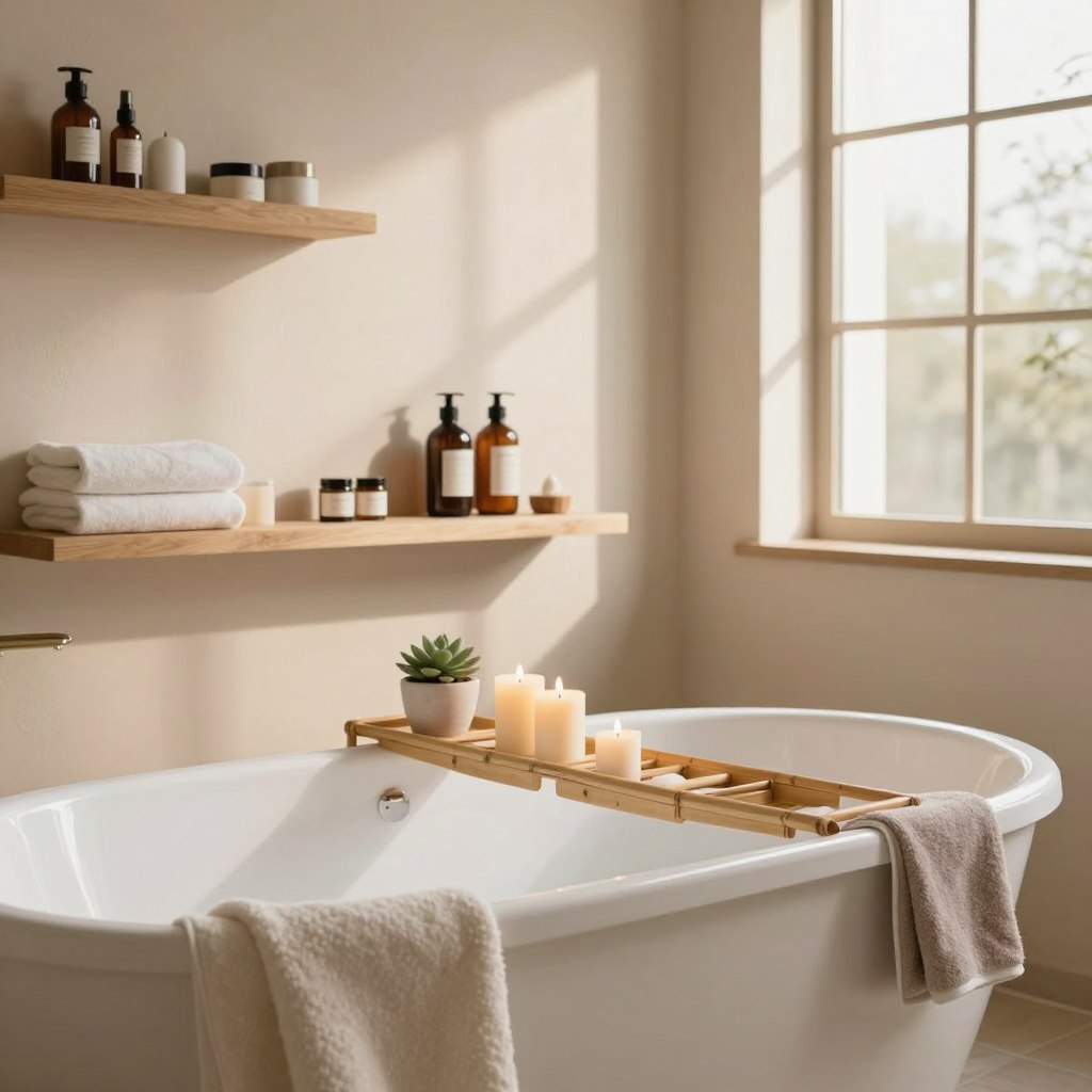 A serene spa-like bathroom featuring a harmonious blend of warm neutral tones. The foreground captures a luxurious freestanding bathtub, surrounded by soft, textured towels in cream and taupe. A bamboo tray rests across the tub, adorned with calming candles and a small potted succulent. In the middle ground, elegant floating shelves hold neatly arranged spa essentials, with natural wooden elements adding warmth. The backdrop showcases a large window allowing soft, diffused sunlight to pour in, creating a tranquil ambiance. The walls are decorated in a delicate beige hue with subtle organic patterns. Gentle shadows enhance the relaxing atmosphere, inviting a sense of timeless elegance and peace. This scene embodies a luxurious retreat, perfect for a quiet moment of self-care.