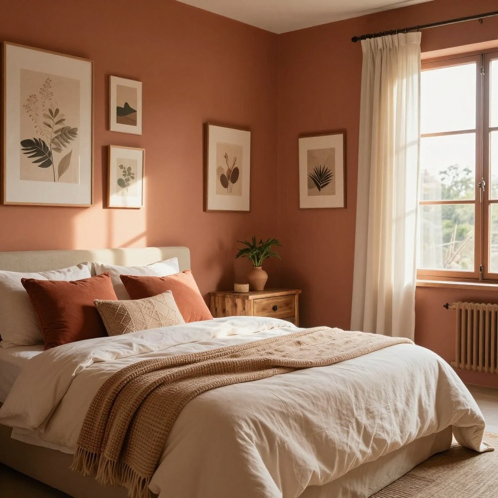 A serene terracotta and ivory bedroom designed with warm bohemian vibes. The foreground features a cozy bed adorned with soft ivory linens and terracotta pillows, surrounded by textured woven textiles. The middle area showcases a stylish terracotta accent wall, adorned with artful decorations, and a rustic wooden nightstand holding a small potted plant. The background includes large windows allowing natural light to fill the space, casting gentle shadows, with sheer curtains fluttering softly. The overall atmosphere is inviting and tranquil, perfect for a calming retreat. Utilize soft, warm lighting to enhance the cozy and relaxed mood, captured from a slight angle that highlights the room's depth and design elements.