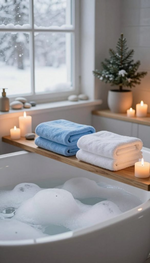 A serene winter spa bathroom decorated for relaxation, featuring a large freestanding bathtub filled with pristine white bubbles. Soft, plush towels in shades of icy blue and pure white are elegantly arranged on a wooden shelf. Flickering candlelight casts a warm, inviting glow throughout the space, with a few candles of varying heights placed on the edge of the tub and around the room. Frosted window panes allow soft winter light to filter in, creating a peaceful ambiance. The background features natural elements like a potted evergreen and smooth stones, contributing to a tranquil, spa-like atmosphere. The overall mood is cozy and serene, perfect for a winter getaway. Captured with a shallow depth of field for a soft focus effect, emphasizing the details of the decor while maintaining an inviting and calming atmosphere.