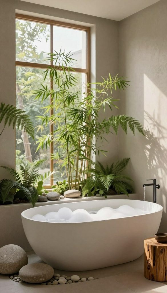 A serene zen bathroom designed for a peaceful retreat. In the foreground, smooth stones and natural wood elements create an earthy texture around a minimalist freestanding bathtub filled with soft, white bubbles. The middle layer features lush, green plants like bamboo and ferns artfully arranged near the tub, adding a pop of life and color. In the background, large windows allow soft, natural light to filter in, illuminating the space with a warm glow. The walls are adorned with natural, neutral tones, while a small indoor fountain gently trickles, enhancing the tranquil atmosphere. The overall mood is calm and rejuvenating, inviting relaxation and mindfulness in daily routines.