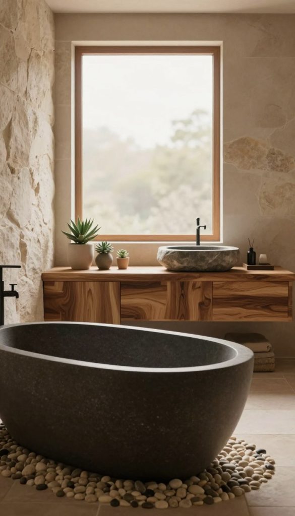 A serene zen bathroom showcasing natural stone and wood textures. In the foreground, a sleek, freestanding bathtub made of smooth, dark stone lies on a pebble-strewn floor. The middle ground features a wooden vanity with an earthy finish, adorned with small, potted succulents, and organic stone sink. A large window at the back lets in soft, diffused natural light, creating a warm, inviting atmosphere. The walls are made of textured stone, harmonizing with the earthy tones of wood. Tranquil and calming, the image should evoke a peaceful retreat, filled with organic shapes and soothing materials, blending seamlessly into a minimalist space. The overall composition should have a soft focus, presenting a tranquil, spa-like ambiance, ideal for relaxation and rejuvenation.