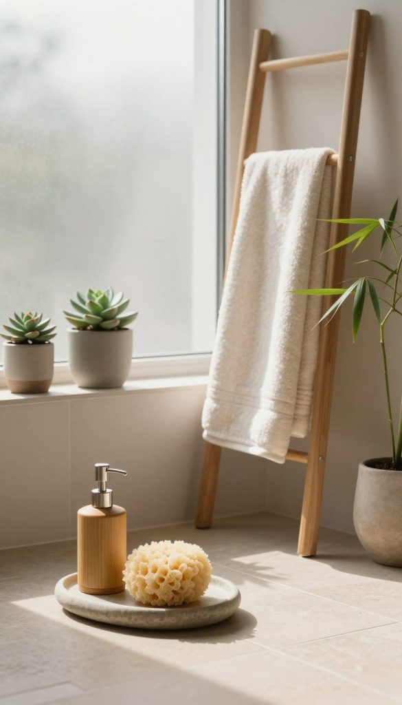 A serene zen-inspired bathroom scene featuring an assortment of elegant bathroom accessories. In the foreground, include a minimalist bamboo soap dispenser and a smooth stone tray holding natural sponge and eco-friendly toiletries. In the middle, showcase a soft, flowing towel made from organic cotton displayed on a wooden ladder, alongside potted succulents and a bamboo plant to bring nature indoors. The background should feature a large frosted window that filters in soft, natural light, casting gentle shadows on light stone tiles. The overall mood is calm and tranquil, evoking a spa-like retreat with a focus on simplicity and harmony with nature. Emphasize warm, earthy tones and textures that enhance the peaceful atmosphere.