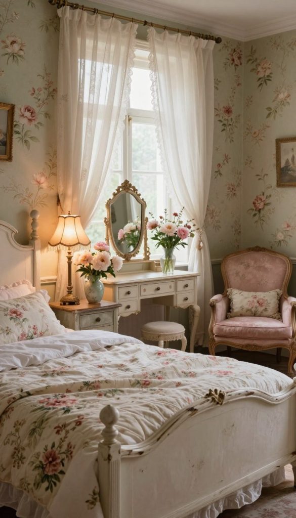 A shabby chic floral bedroom decor with Victorian opulence featuring a delicate interplay of pastel hues. In the foreground, a distressed white wooden bed is adorned with soft, floral-patterned linens and a plush, vintage quilt. A vase of fresh peonies sits on a rustic bedside table alongside an ornate antique lamp casting a warm glow. In the middle ground, a large window draped with flowing sheer curtains allows natural light to fill the room, illuminating a vintage vanity with an intricately carved mirror and a bouquet of wildflowers. The background showcases softly painted floral wallpaper and an elegant armchair upholstered in faded rose fabric, creating a dreamy, serene atmosphere. The lighting is soft and diffused, enhancing the inviting and cozy mood of the space.