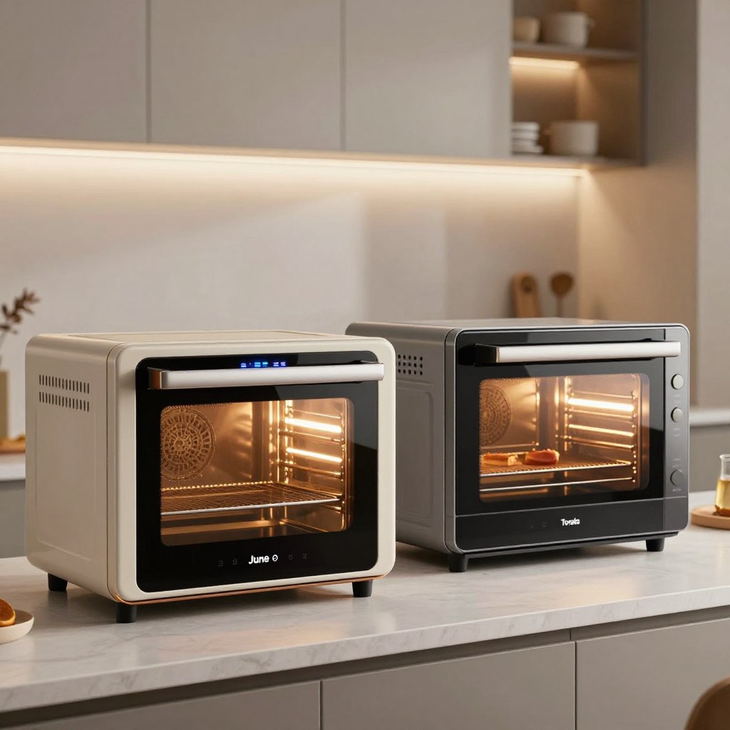 A side-by-side comparison of two modern smart ovens, the June Oven and Tovala, displayed on a sleek kitchen countertop. In the foreground, the June Oven, with its curved glass door and touch control panel, showcases a vibrant LED display. Next to it, the Tovala, featuring a more rectangular design, is highlighted with its integrated steaming capabilities and compact appearance. The background is a stylish kitchen setup with soft ambient lighting, emphasizing the appliances. Utilize a soft-focus effect on the kitchen elements while keeping the ovens sharp and detailed, capturing their high-tech features. The overall mood is modern and inviting, reflecting innovation in home cooking for 2026.