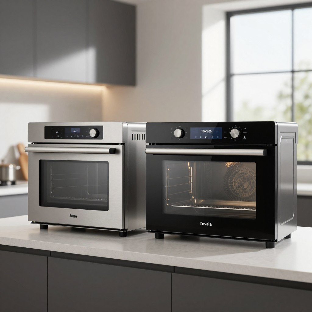 A side-by-side design comparison of a June Oven and a Tovala Smart Oven, presented on a sleek, modern kitchen countertop. The June Oven on the left features a minimalist stainless steel exterior with a large, touchscreen display, while the Tovala on the right showcases a compact design with a high-tech black finish and streamlined control interface. The background features a bright, airy kitchen with natural light streaming in from a nearby window, enhancing the sleek design aesthetics of both ovens. The focus is on the intricate details of each oven, highlighting their unique features and modern design elements. The atmosphere is technical and informative, aimed at conveying sophistication and innovation in kitchen technology, captured with a professional lens and soft lighting.