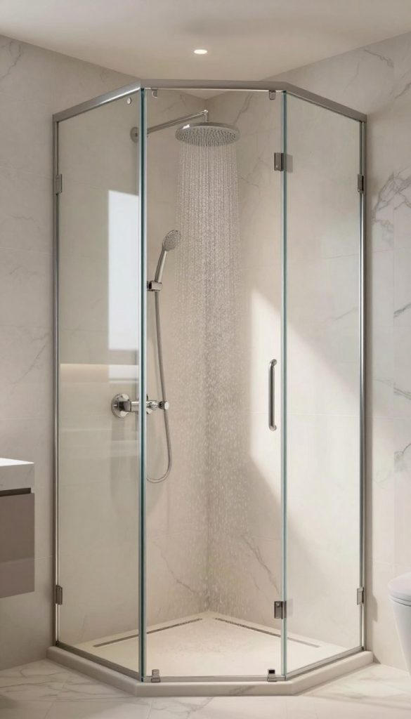 A sleek corner frameless shower design featuring a neo-angle entry, showcasing clear glass panels that create a seamless and modern aesthetic. The shower is surrounded by elegant marble tile walls in soft, neutral tones, accented with polished chrome fixtures. In the foreground, a subtle glass shower door is slightly ajar, inviting warmth and light. The middle section highlights a rainfall showerhead suspended from a stylish ceiling, with fine mist hovering in the air. Soft, natural light filters through frosted glass, enhancing the serene and calming atmosphere of the space. The background consists of soft shadows playing against the smooth tiles, adding depth and sophistication to the bathroom setting. The overall mood is tranquil and contemporary, perfect for a luxurious home.